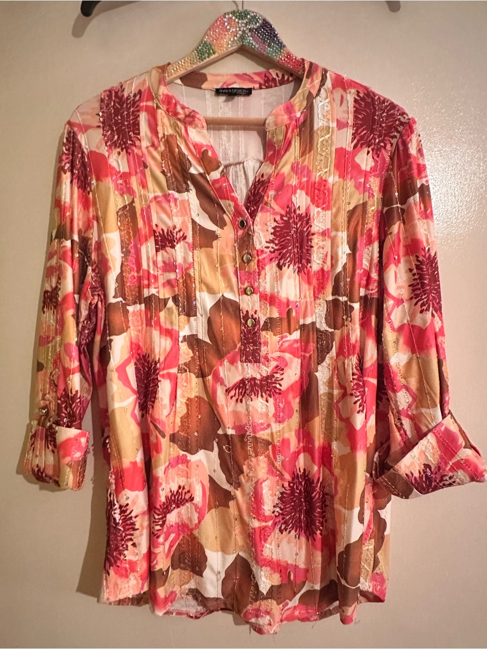 Ava & Grace Pink and Brown Floral Button-Front Tunic